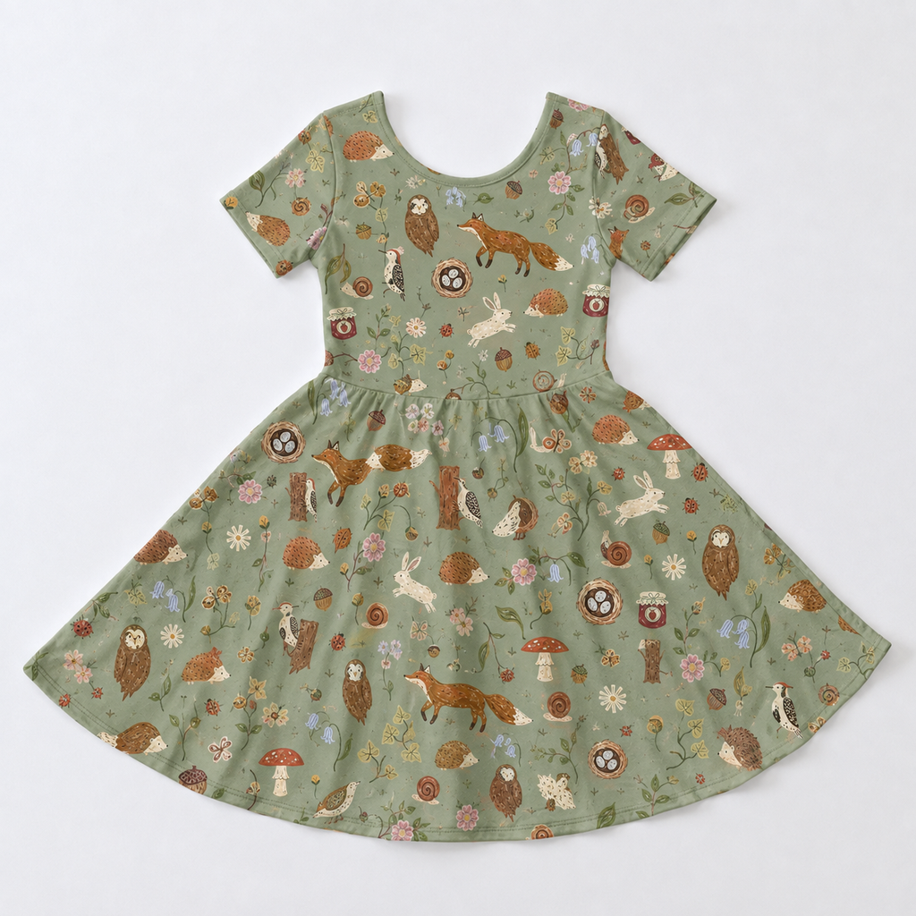 Woodland Animals Bamboo Twirl Dress, Soft Forest Fox Bunny Owl Short Sleeve Dress for Toddlers