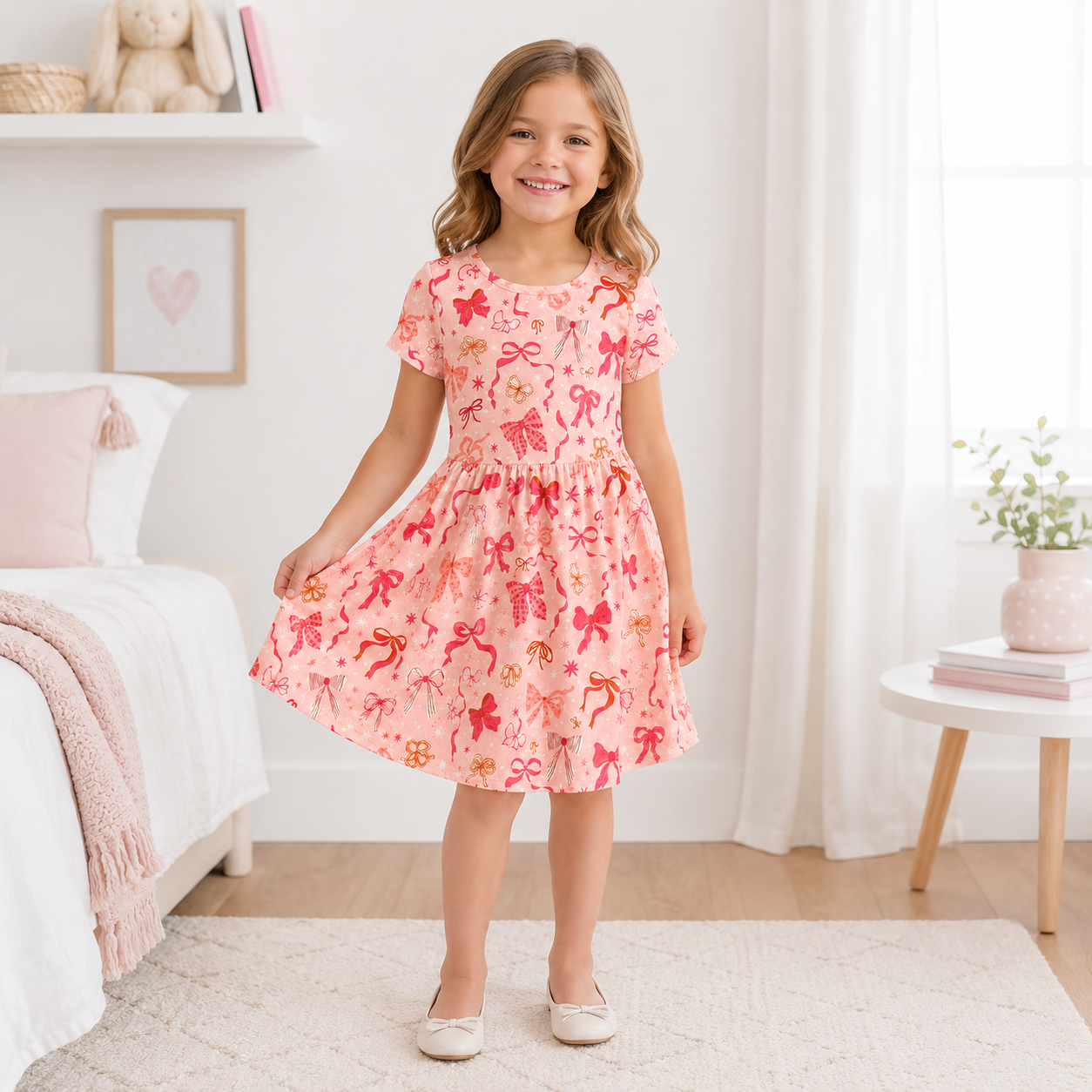 Pretty Pink Bow Bamboo Twirl Dress, Soft Coquette Short Sleeve Party Dress for Toddlers