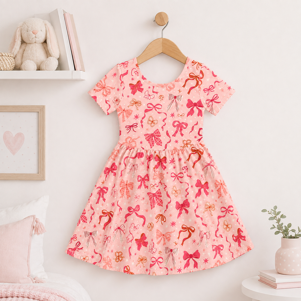 Pretty Pink Bow Bamboo Twirl Dress, Soft Coquette Short Sleeve Party Dress for Toddlers