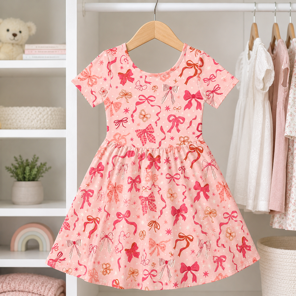 Pretty Pink Bow Bamboo Twirl Dress, Soft Coquette Short Sleeve Party Dress for Toddlers