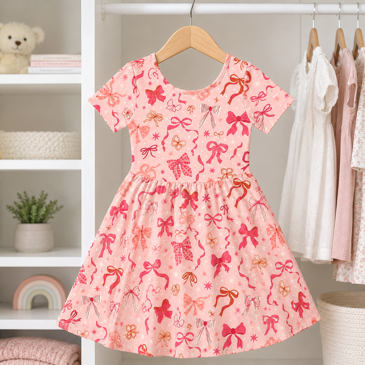 Pretty Pink Bow Bamboo Twirl Dress, Soft Coquette Short Sleeve Party Dress for Toddlers
