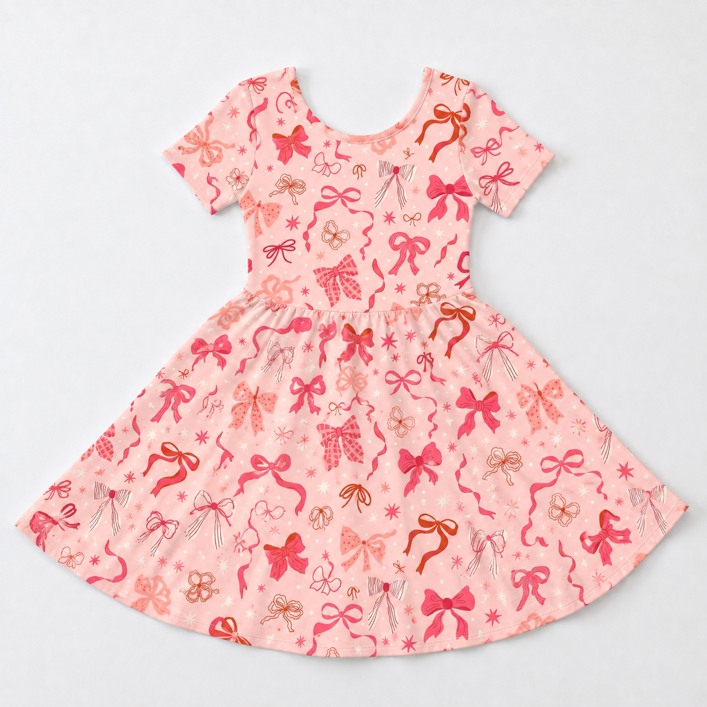 Pretty Pink Bow Bamboo Twirl Dress, Soft Coquette Short Sleeve Party Dress for Toddlers