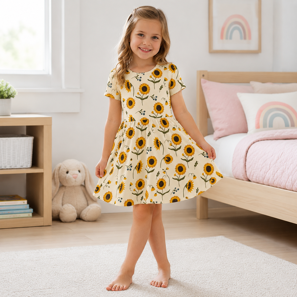 Sunflower Meadow Bamboo Twirl Dress, Soft Floral Short Sleeve Everyday Dress for Toddler Girls