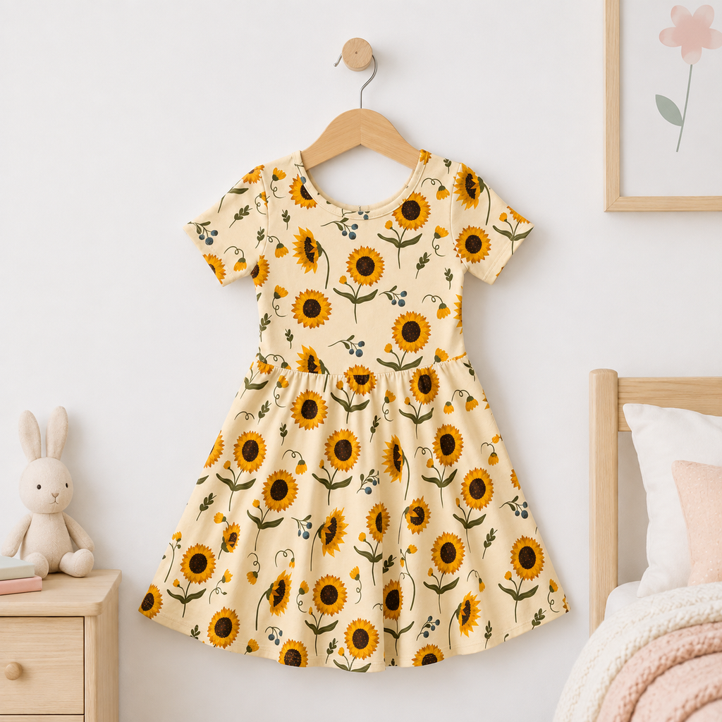 Sunflower Meadow Bamboo Twirl Dress, Soft Floral Short Sleeve Everyday Dress for Toddler Girls