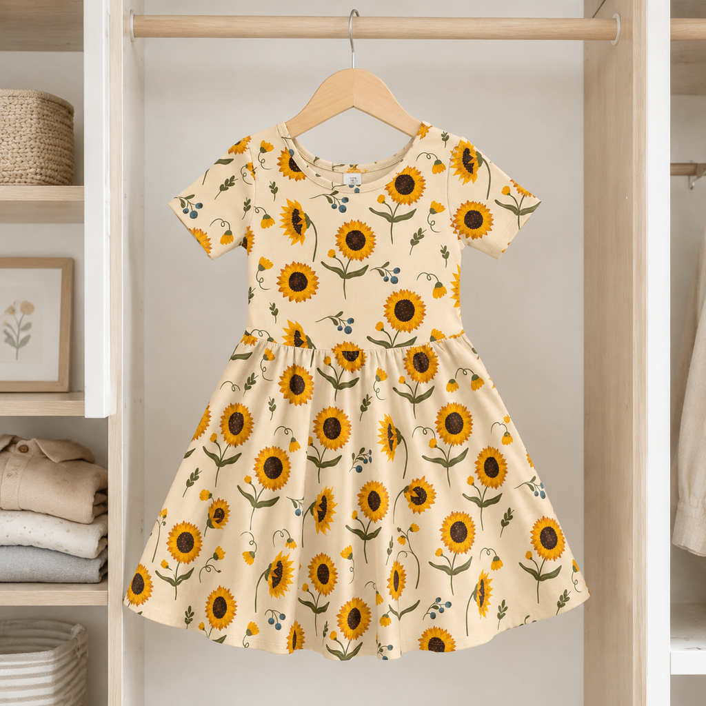 Sunflower Meadow Bamboo Twirl Dress, Soft Floral Short Sleeve Everyday Dress for Toddler Girls