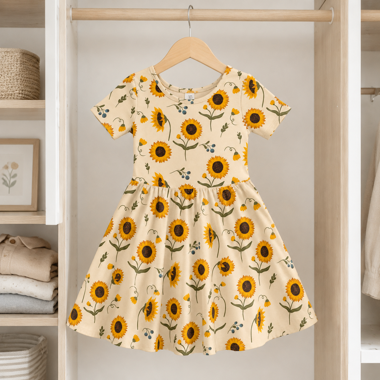 Sunflower Meadow Bamboo Twirl Dress, Soft Floral Short Sleeve Everyday Dress for Toddler Girls