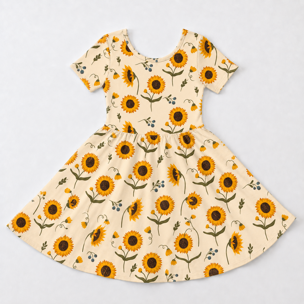 Sunflower Meadow Bamboo Twirl Dress, Soft Floral Short Sleeve Everyday Dress for Toddler Girls