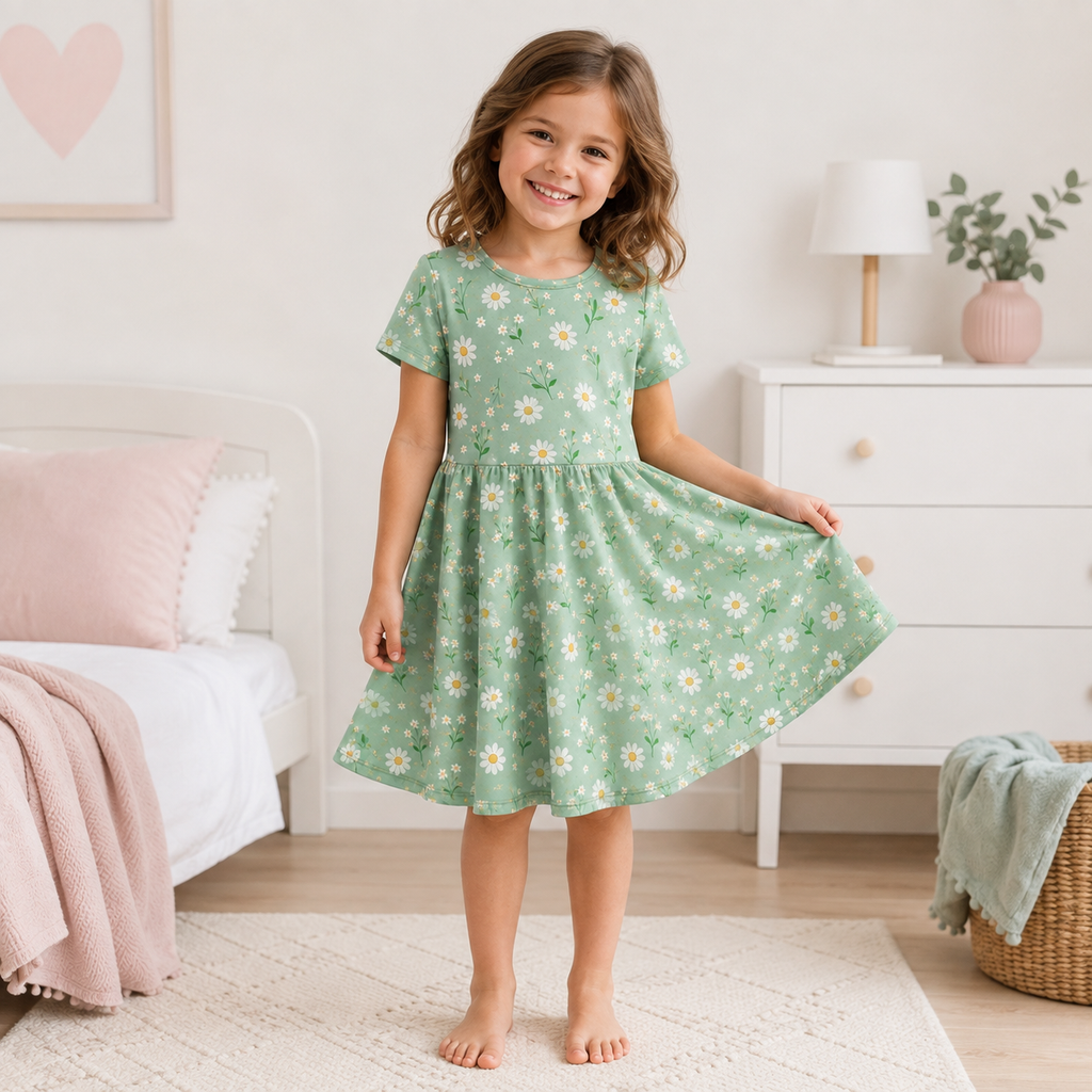 Girls Sage Green Daisy Floral Bamboo Twirl Dress, Soft Spring Flower Short Sleeve Dress for Toddlers
