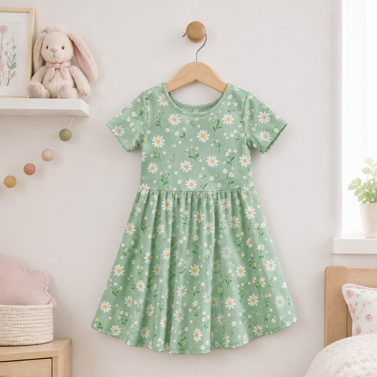 Girls Sage Green Daisy Floral Bamboo Twirl Dress, Soft Spring Flower Short Sleeve Dress for Toddlers