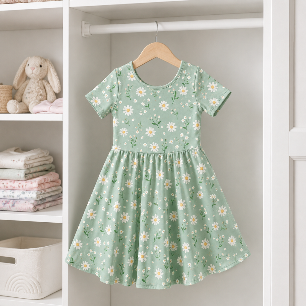 Girls Sage Green Daisy Floral Bamboo Twirl Dress, Soft Spring Flower Short Sleeve Dress for Toddlers