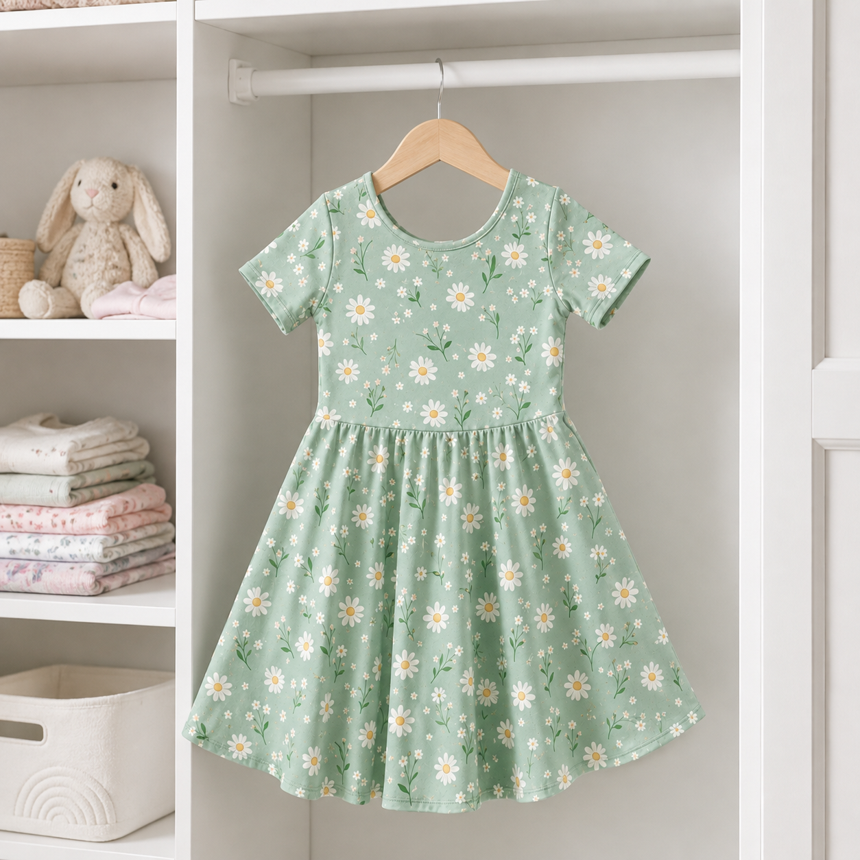 Girls Sage Green Daisy Floral Bamboo Twirl Dress, Soft Spring Flower Short Sleeve Dress for Toddlers