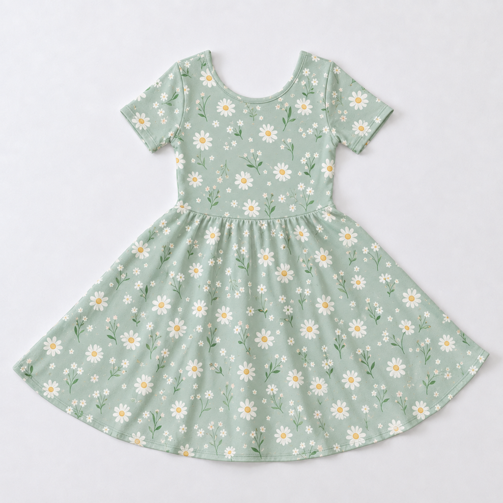 Girls Sage Green Daisy Floral Bamboo Twirl Dress, Soft Spring Flower Short Sleeve Dress for Toddlers