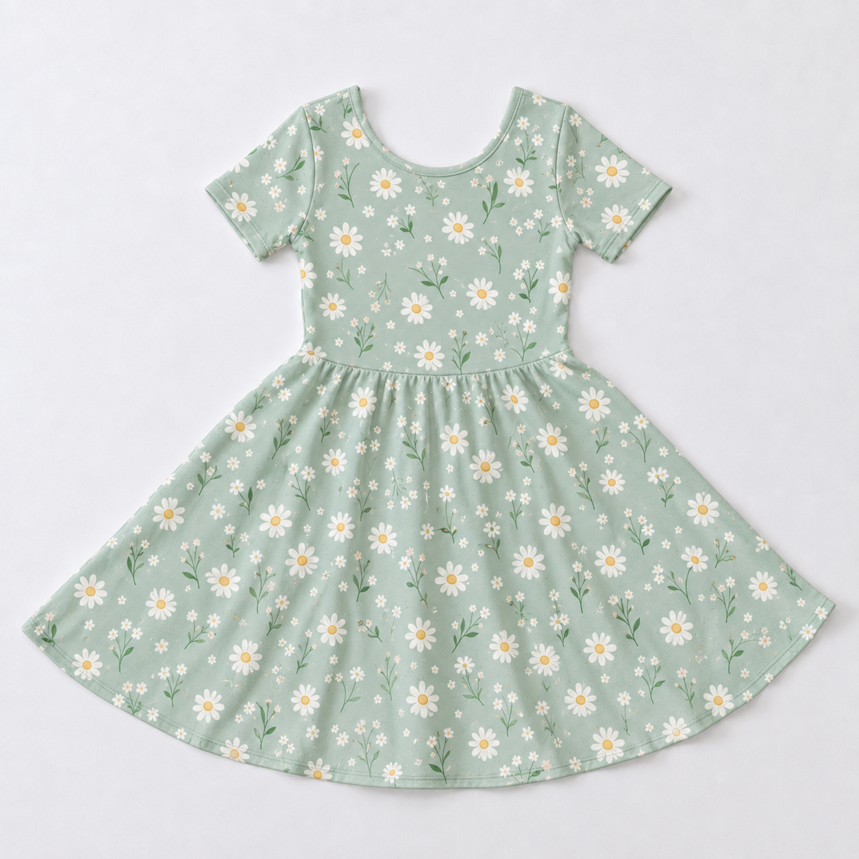 Girls Sage Green Daisy Floral Bamboo Twirl Dress, Soft Spring Flower Short Sleeve Dress for Toddlers