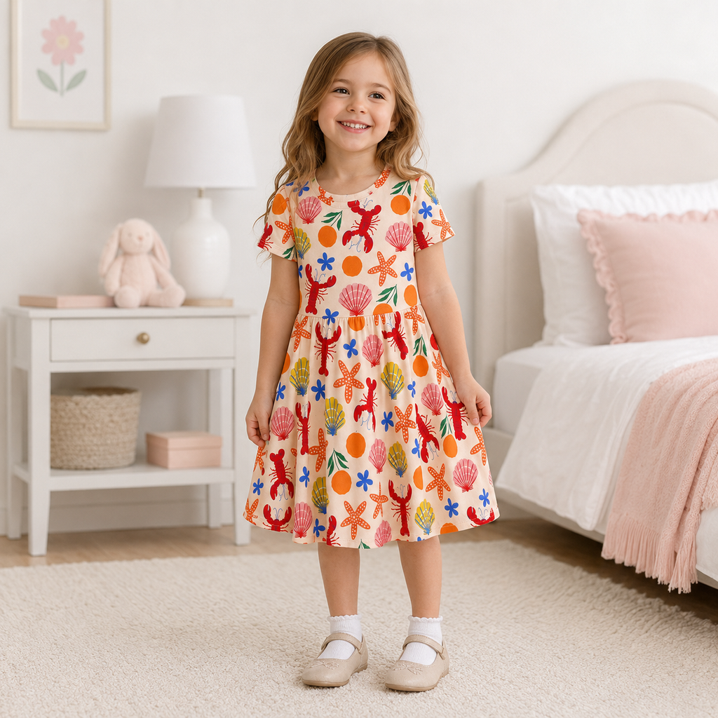Girls Coastal Lobster & Seashell Bamboo Twirl Dress, Soft Summer Beach Short Sleeve Dress for Toddler Girls