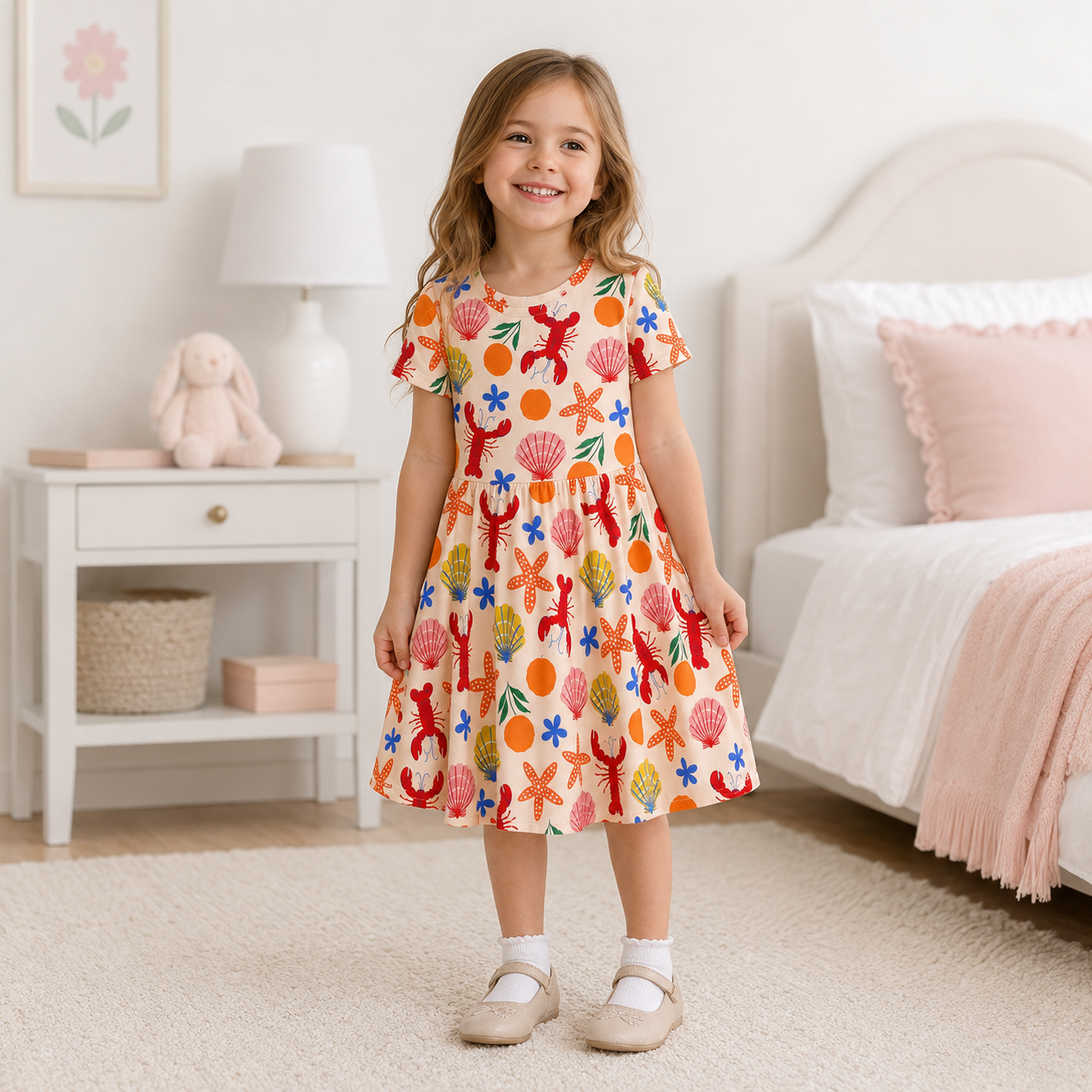 Girls Coastal Lobster & Seashell Bamboo Twirl Dress, Soft Summer Beach Short Sleeve Dress for Toddler Girls