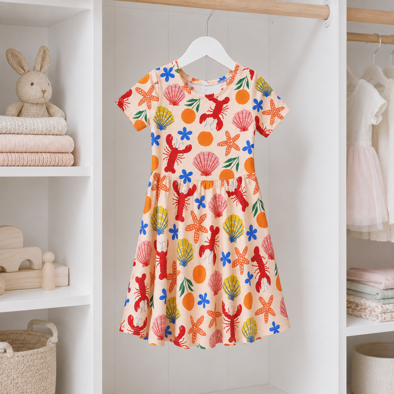 Girls Coastal Lobster & Seashell Bamboo Twirl Dress, Soft Summer Beach Short Sleeve Dress for Toddler Girls