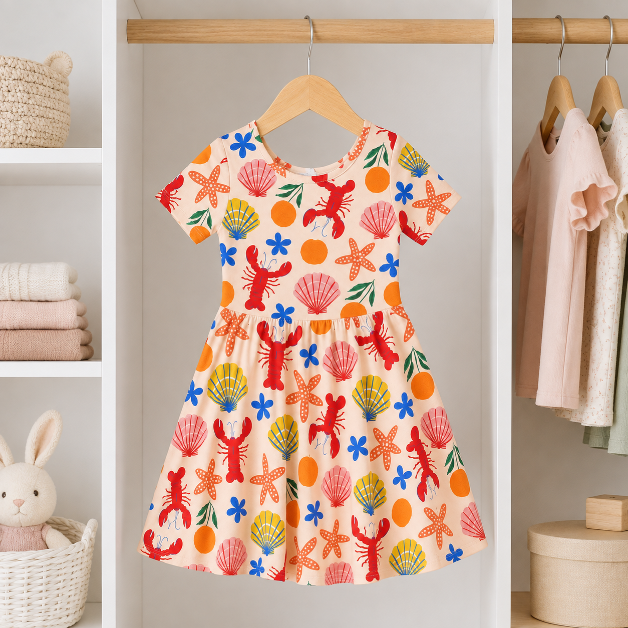 Girls Coastal Lobster & Seashell Bamboo Twirl Dress, Soft Summer Beach Short Sleeve Dress for Toddler Girls