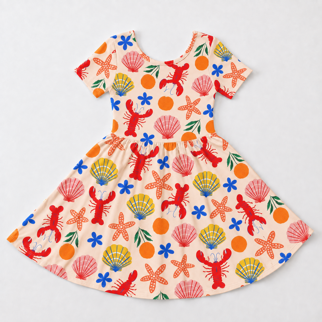 Girls Coastal Lobster & Seashell Bamboo Twirl Dress, Soft Summer Beach Short Sleeve Dress for Toddler Girls
