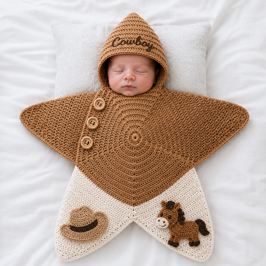 Personalized Cowboy Crochet Star Baby Cocoon – Handmade Western Newborn Swaddle
