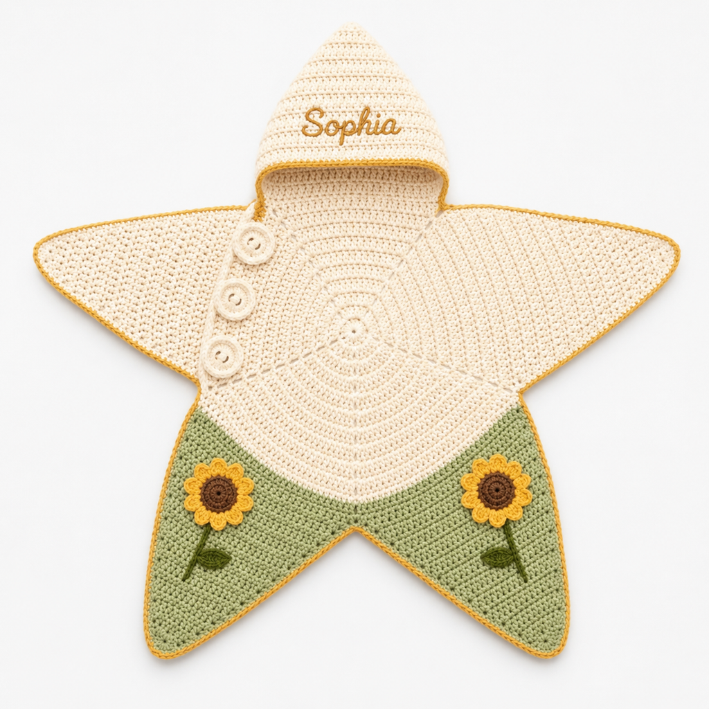 Personalized Sunflower Crochet Star Baby Cocoon – Handmade Newborn Swaddle Blanket