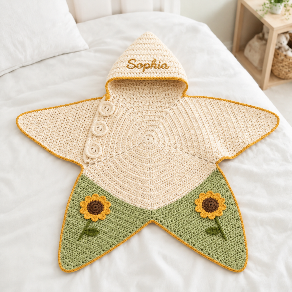 Personalized Sunflower Crochet Star Baby Cocoon – Handmade Newborn Swaddle Blanket