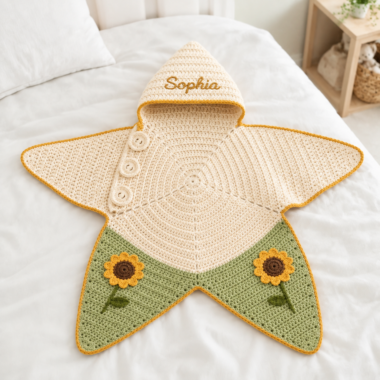 Personalized Sunflower Crochet Star Baby Cocoon – Handmade Newborn Swaddle Blanket
