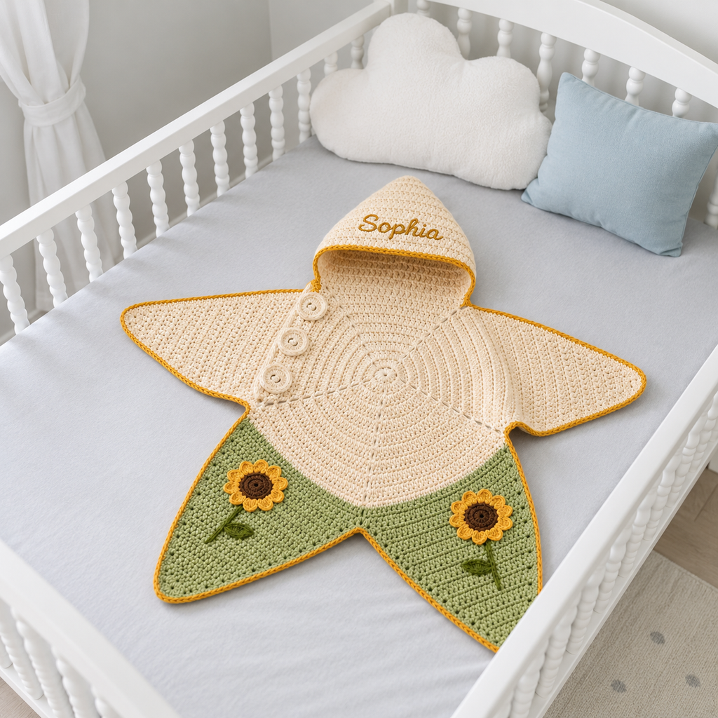 Personalized Sunflower Crochet Star Baby Cocoon – Handmade Newborn Swaddle Blanket