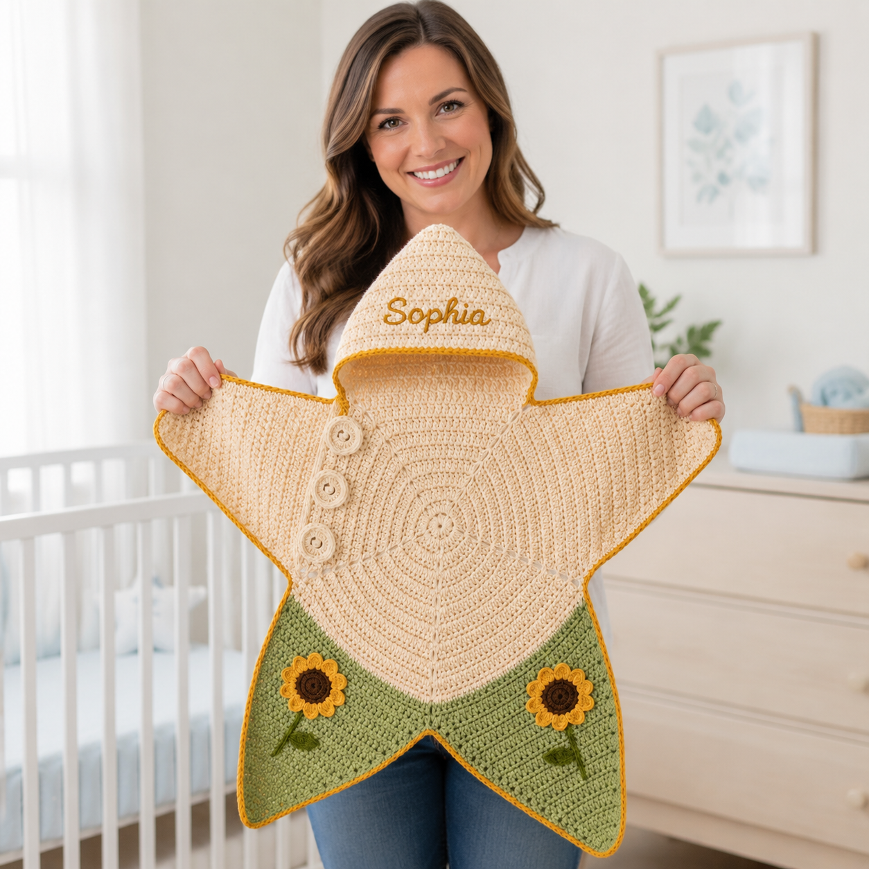 Personalized Sunflower Crochet Star Baby Cocoon – Handmade Newborn Swaddle Blanket
