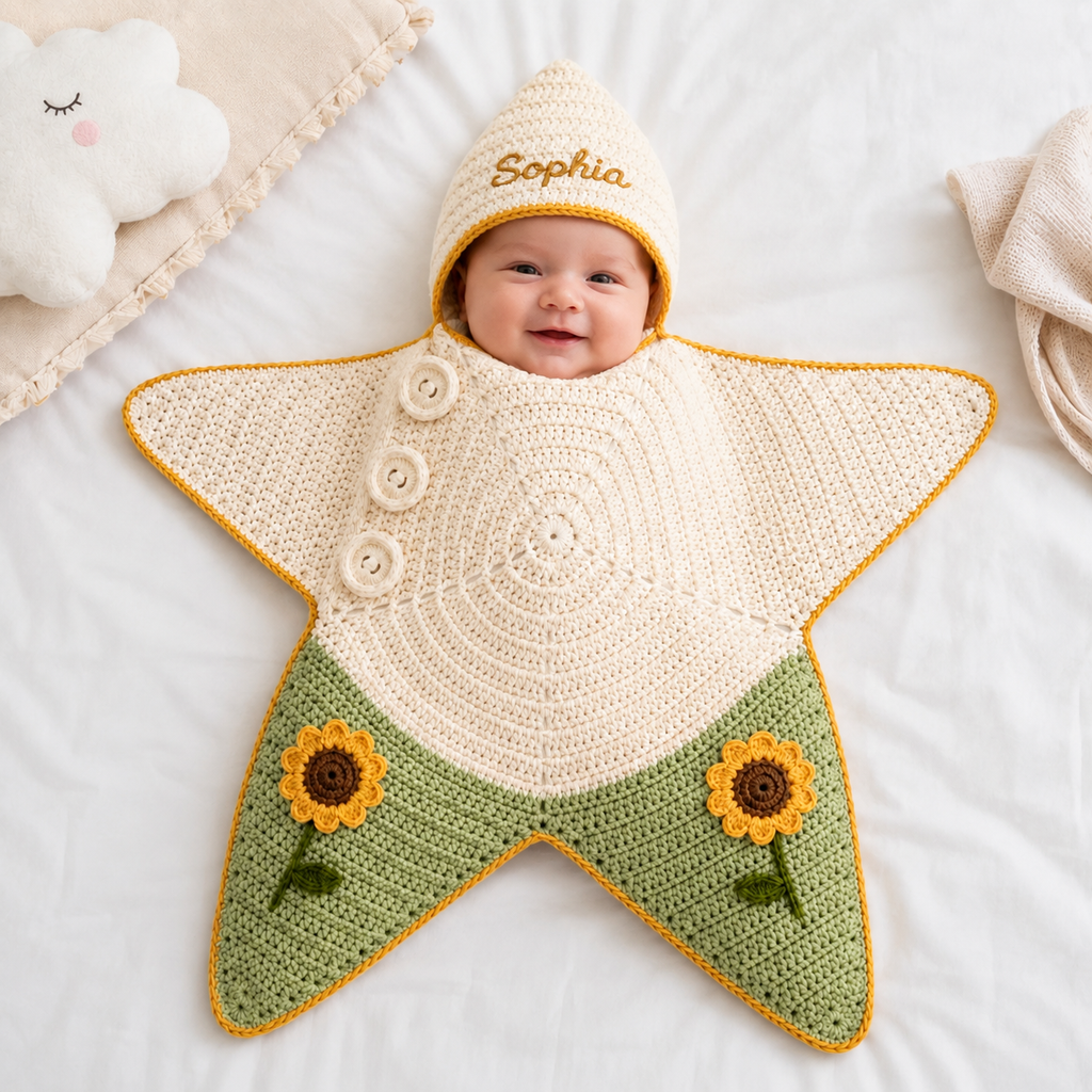 Personalized Sunflower Crochet Star Baby Cocoon – Handmade Newborn Swaddle Blanket