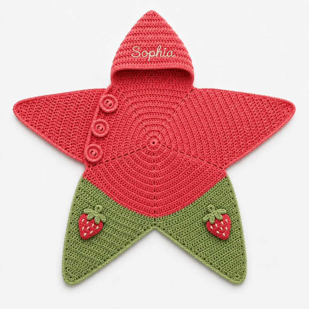 Personalized Strawberry Crochet Star Baby Cocoon – Handmade Newborn Swaddle with Hood