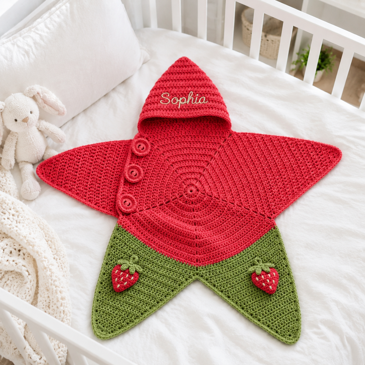 Personalized Strawberry Crochet Star Baby Cocoon – Handmade Newborn Swaddle with Hood