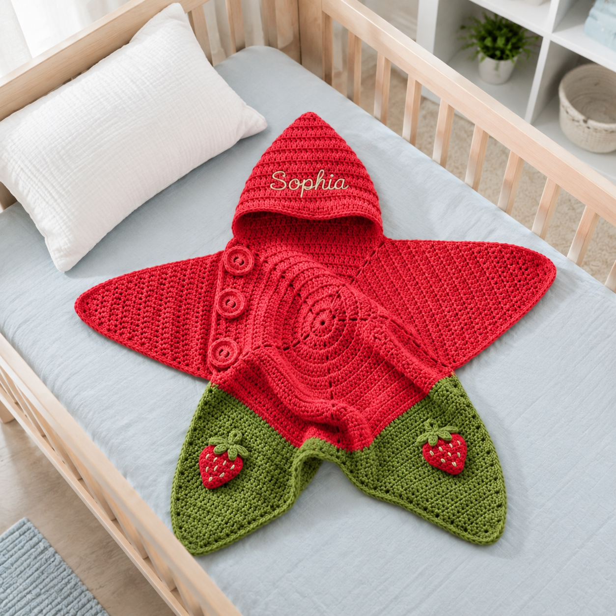 Personalized Strawberry Crochet Star Baby Cocoon – Handmade Newborn Swaddle with Hood