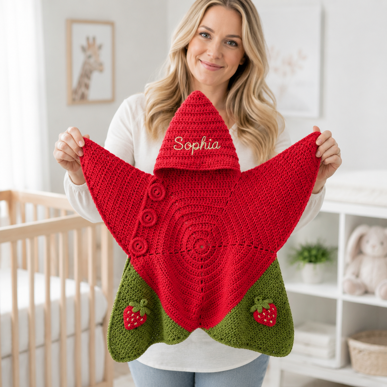 Personalized Strawberry Crochet Star Baby Cocoon – Handmade Newborn Swaddle with Hood