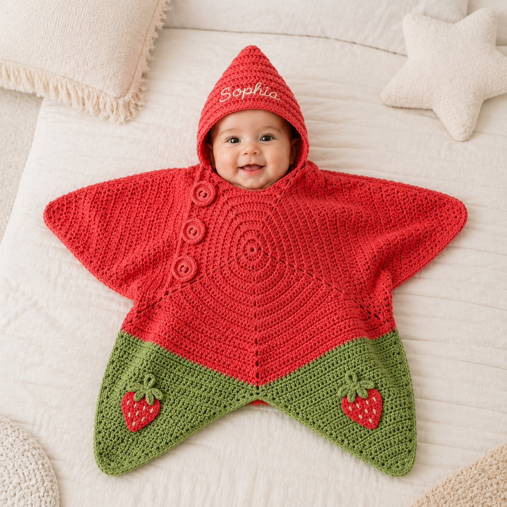 Personalized Strawberry Crochet Star Baby Cocoon – Handmade Newborn Swaddle with Hood