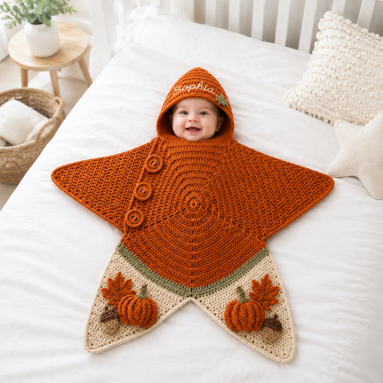 Personalized Little Pumpkin Crochet Star Baby Cocoon – Handmade Fall Newborn Swaddle