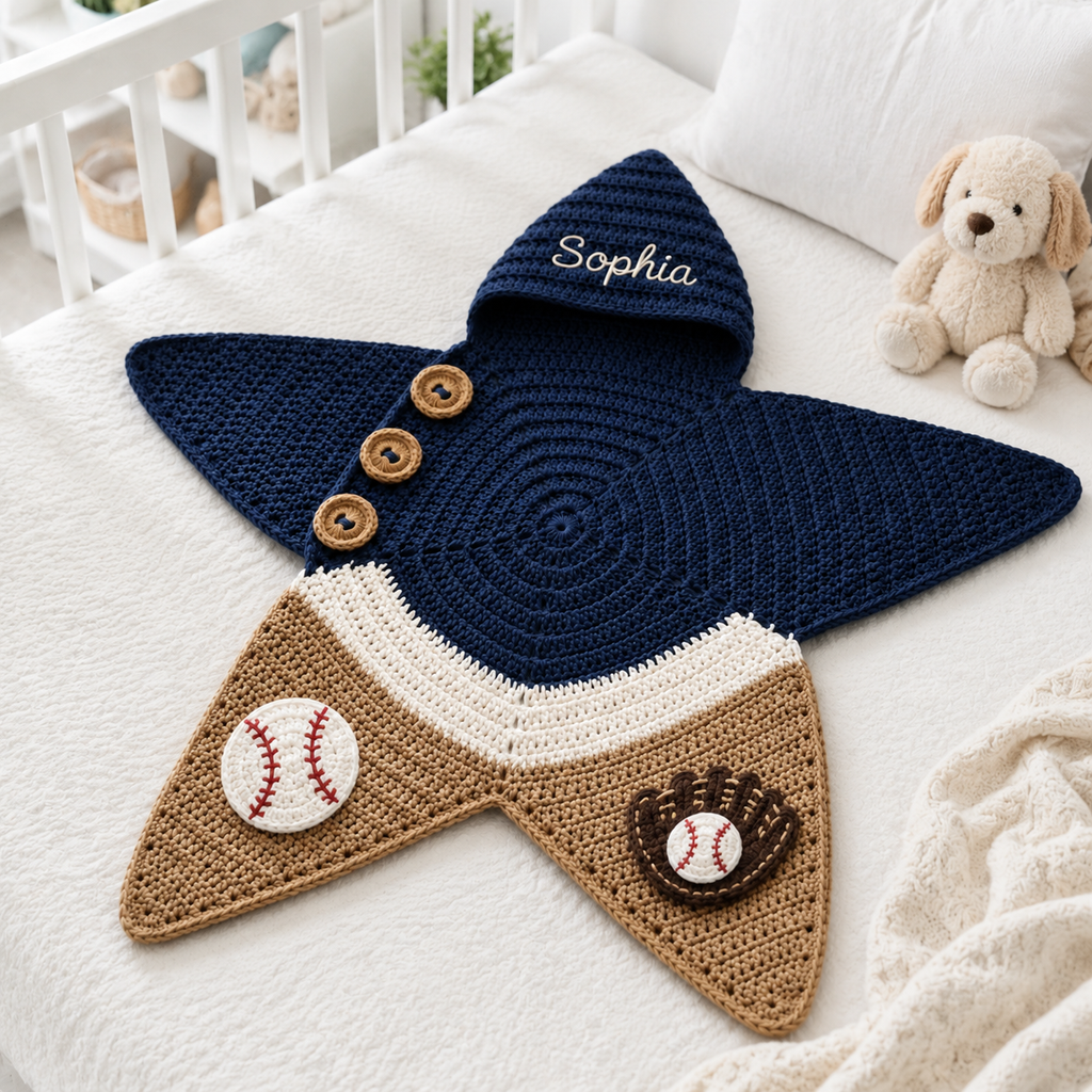 Personalized Baseball Crochet Star Baby Cocoon – Handmade Newborn Swaddle with Hood