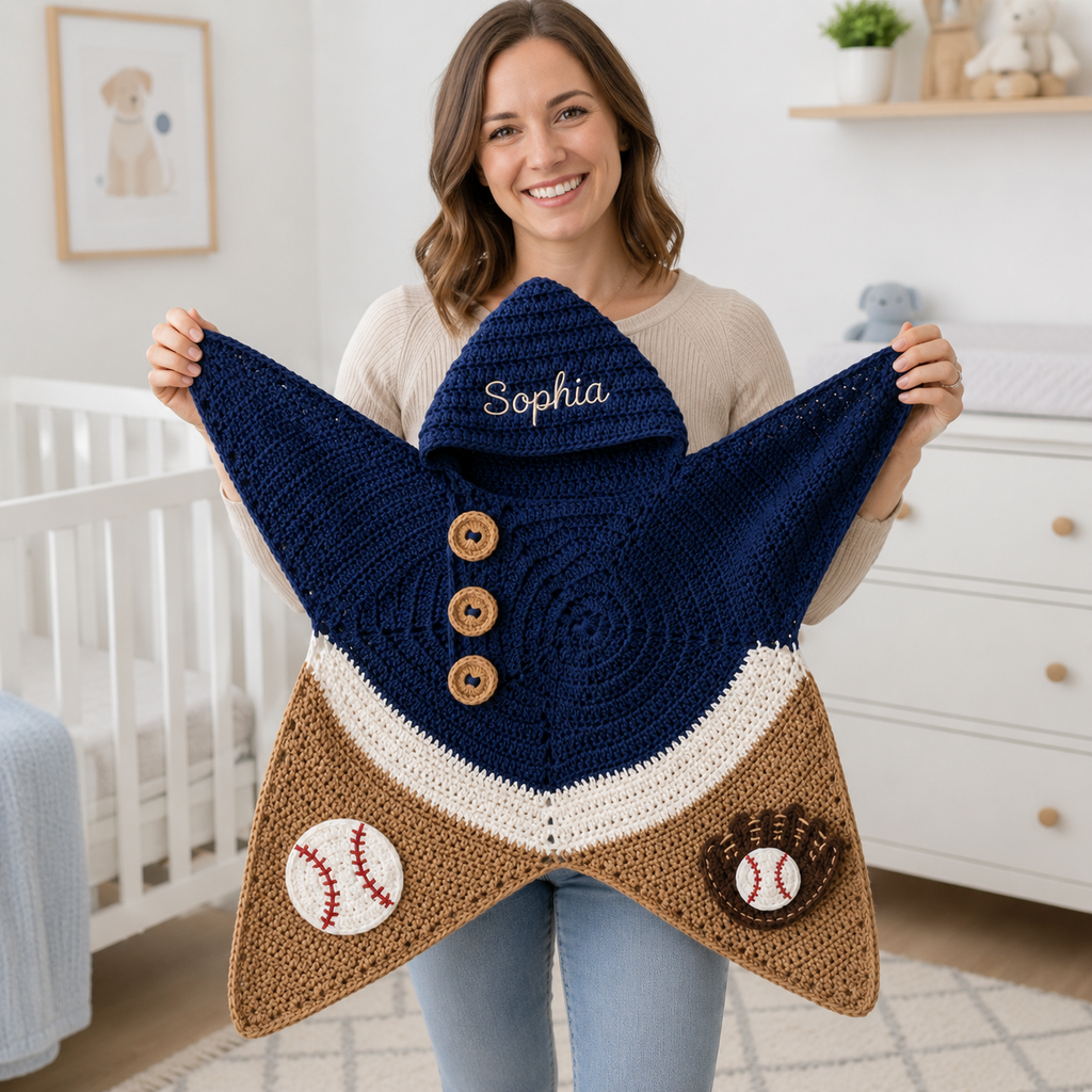 Personalized Baseball Crochet Star Baby Cocoon – Handmade Newborn Swaddle with Hood