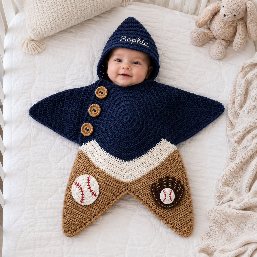Personalized Baseball Crochet Star Baby Cocoon – Handmade Newborn Swaddle with Hood