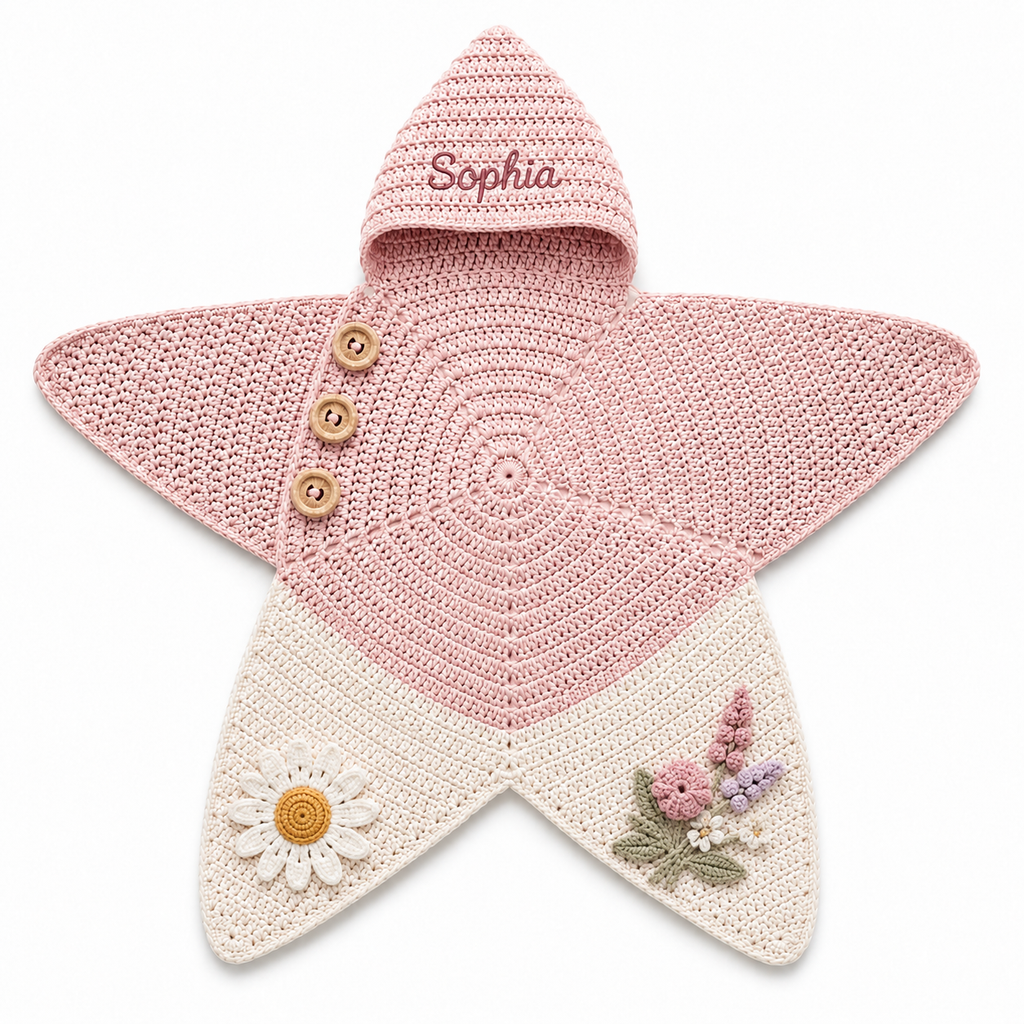 Personalized Floral Crochet Star Baby Cocoon – Handmade Newborn Swaddle with Hood