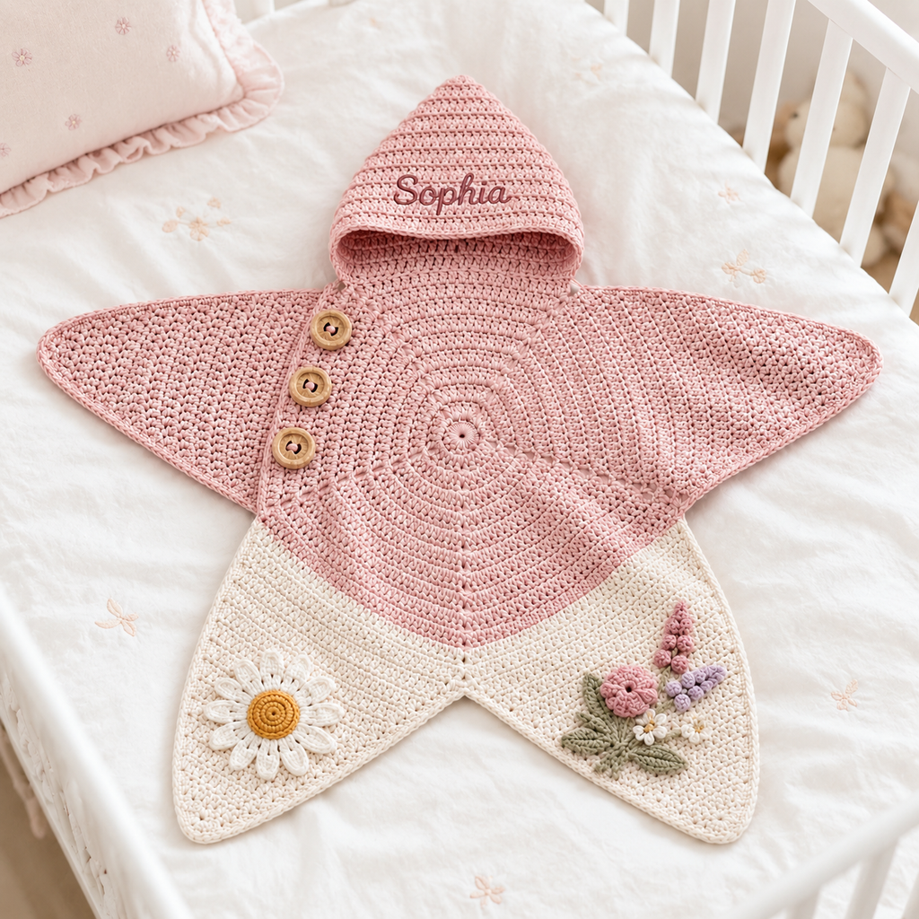 Personalized Floral Crochet Star Baby Cocoon – Handmade Newborn Swaddle with Hood