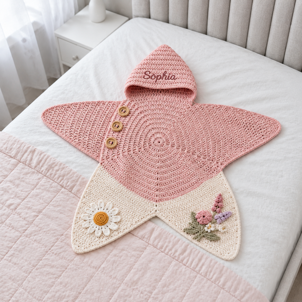 Personalized Floral Crochet Star Baby Cocoon – Handmade Newborn Swaddle with Hood