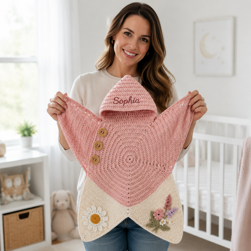 Personalized Floral Crochet Star Baby Cocoon – Handmade Newborn Swaddle with Hood