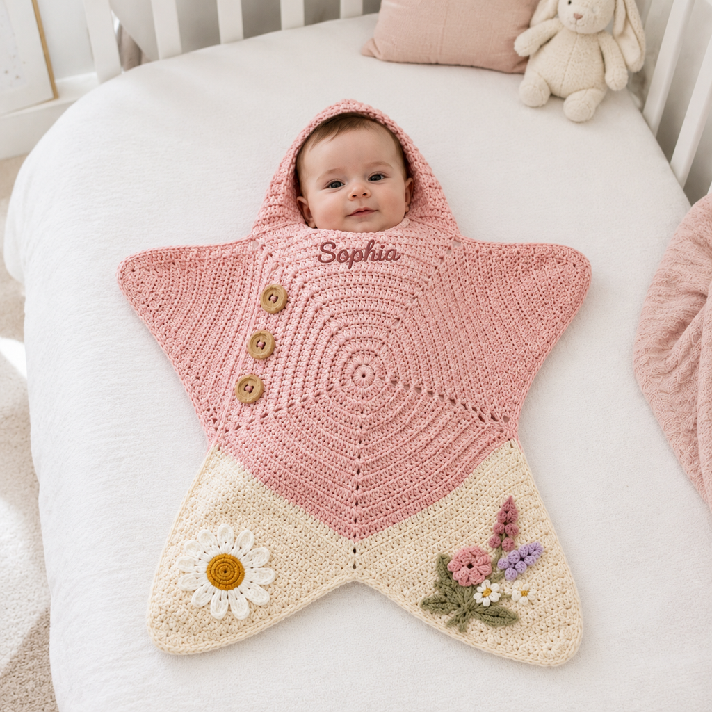Personalized Floral Crochet Star Baby Cocoon – Handmade Newborn Swaddle with Hood