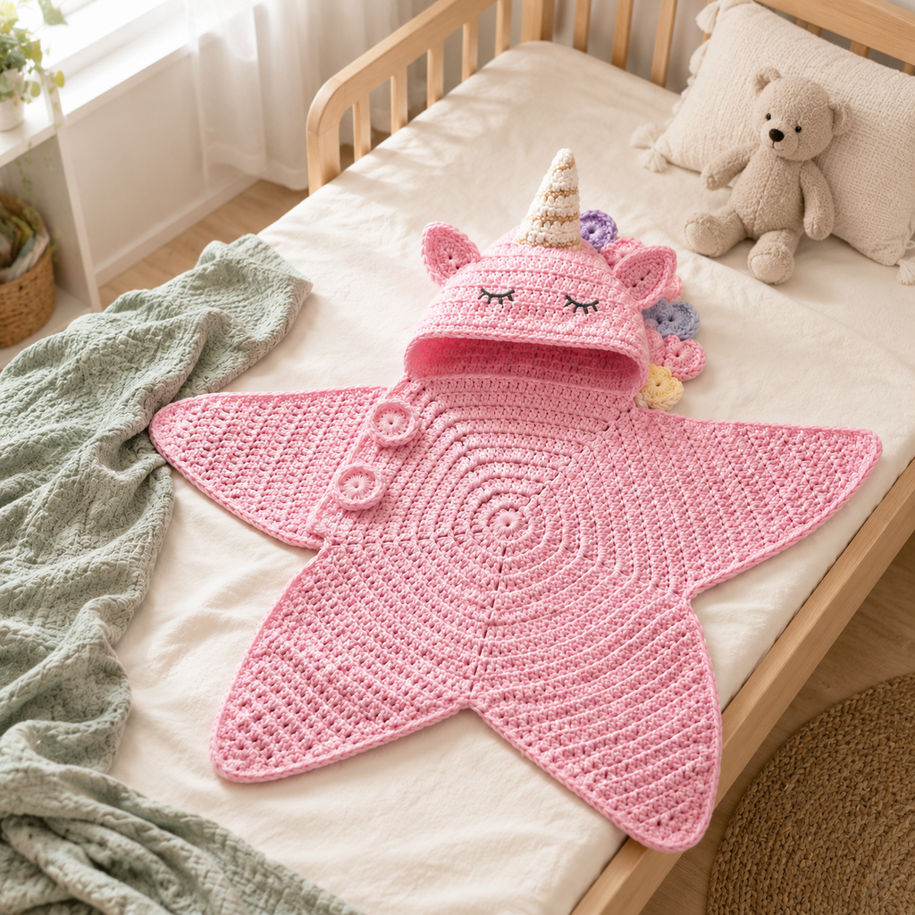 Pink Unicorn Crochet Star Baby Cocoon, Hooded Newborn Swaddle Wrap, Baby Girl Shower Gift