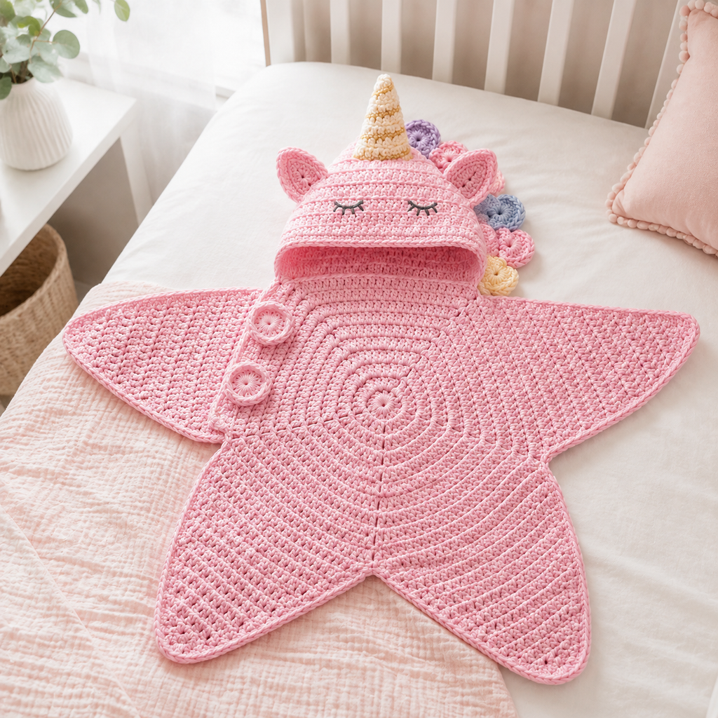 Pink Unicorn Crochet Star Baby Cocoon, Hooded Newborn Swaddle Wrap, Baby Girl Shower Gift