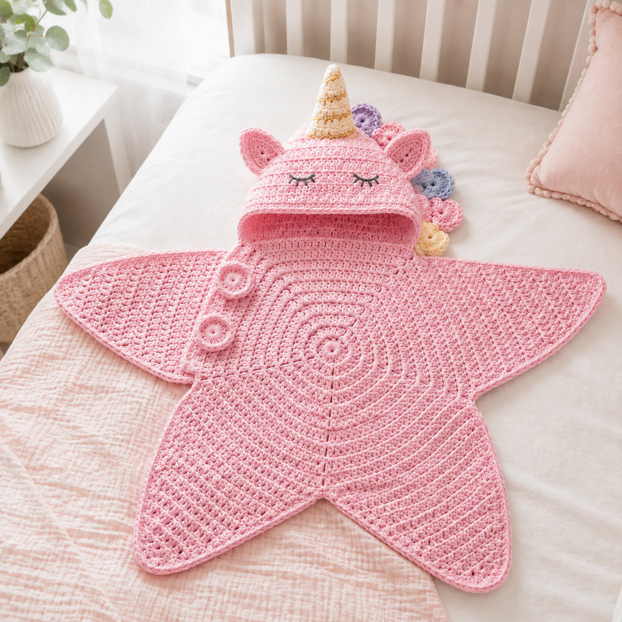 Pink Unicorn Crochet Star Baby Cocoon, Hooded Newborn Swaddle Wrap, Baby Girl Shower Gift