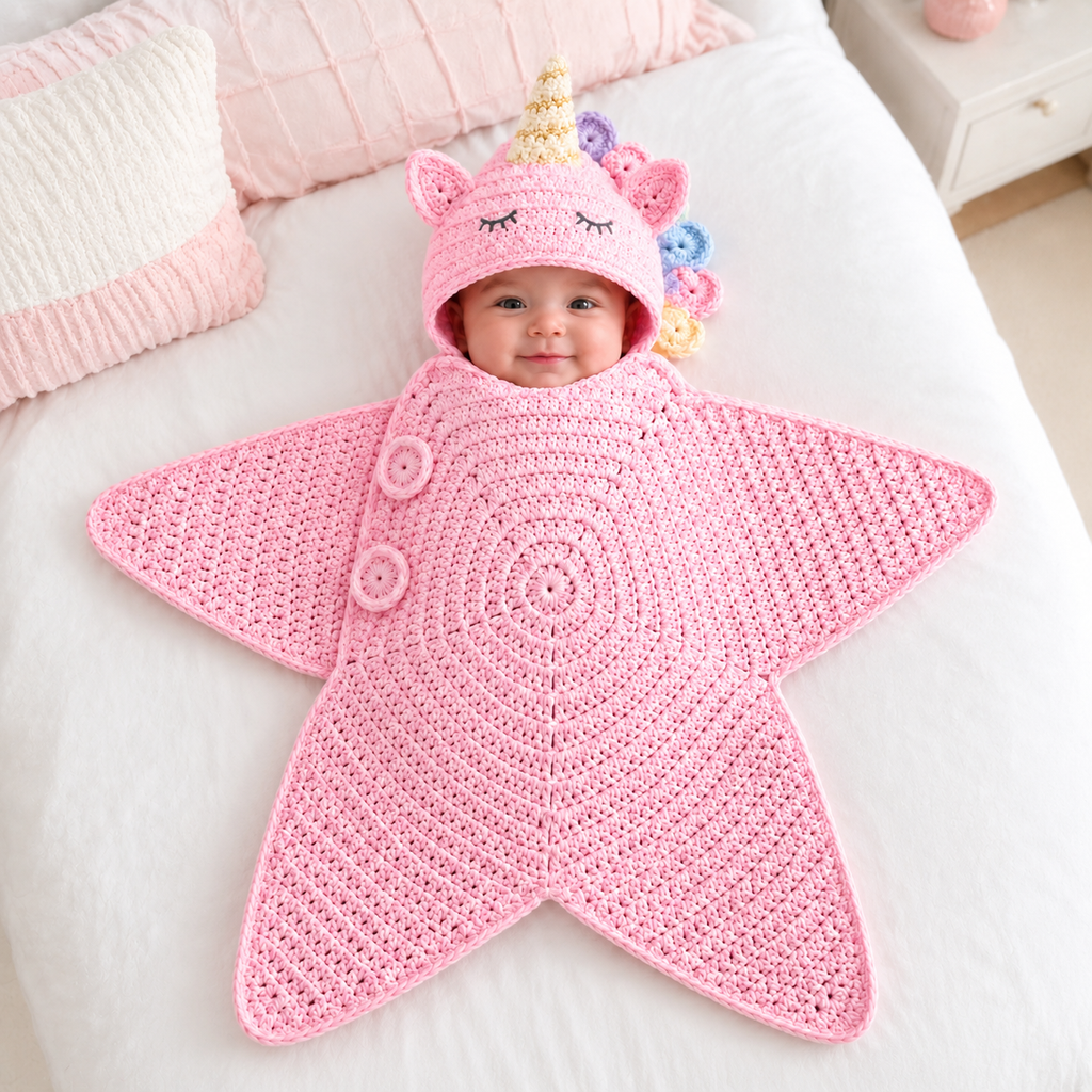 Pink Unicorn Crochet Star Baby Cocoon, Hooded Newborn Swaddle Wrap, Baby Girl Shower Gift