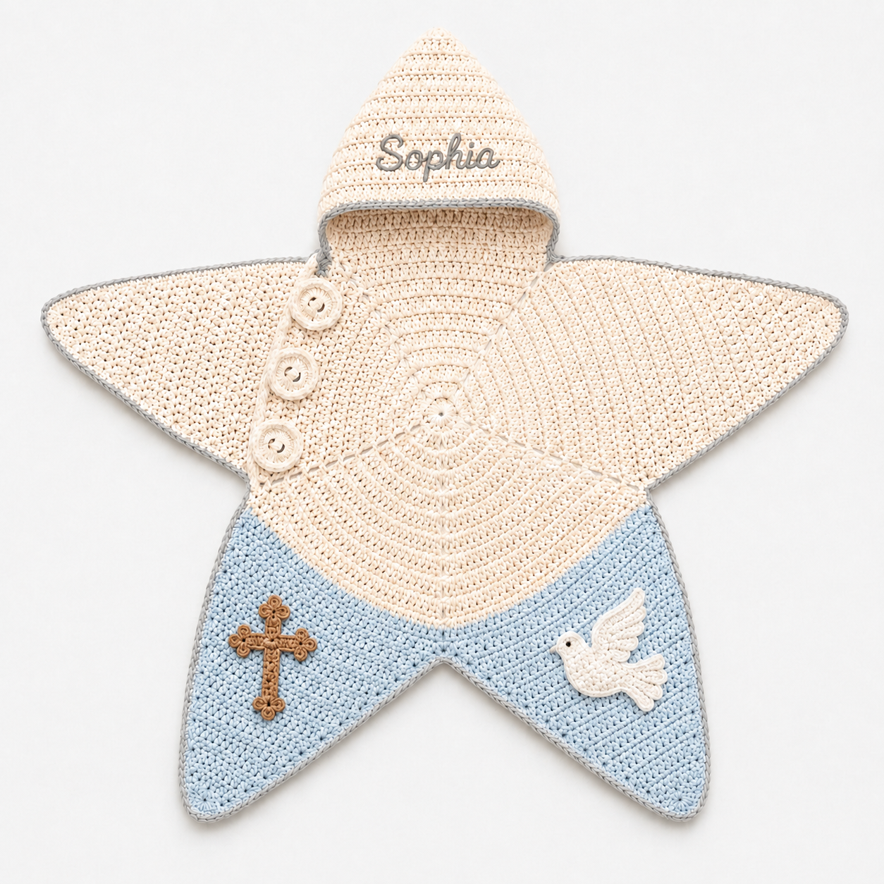 Personalized Christian Crochet Star Baby Cocoon, Cross & Dove Hooded Newborn Swaddle, Baptism Baby Gift