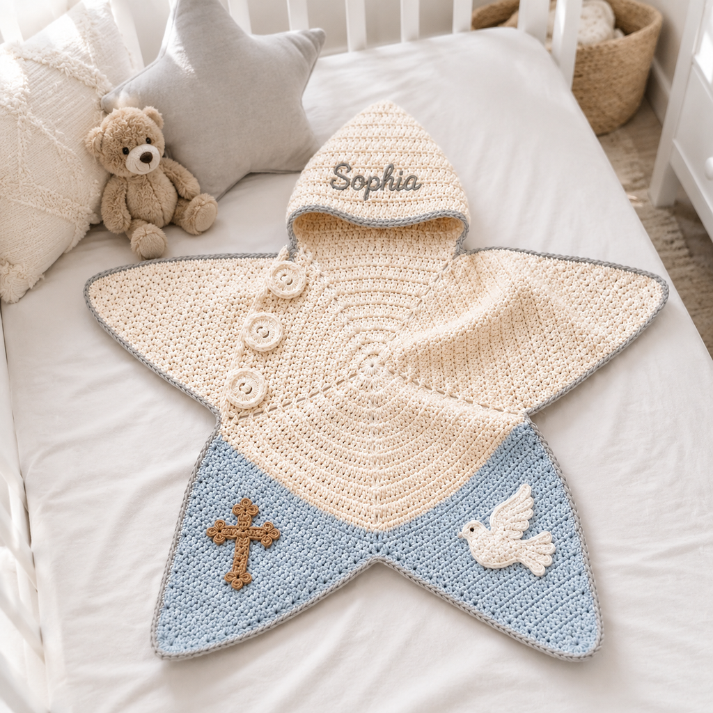 Personalized Christian Crochet Star Baby Cocoon, Cross & Dove Hooded Newborn Swaddle, Baptism Baby Gift