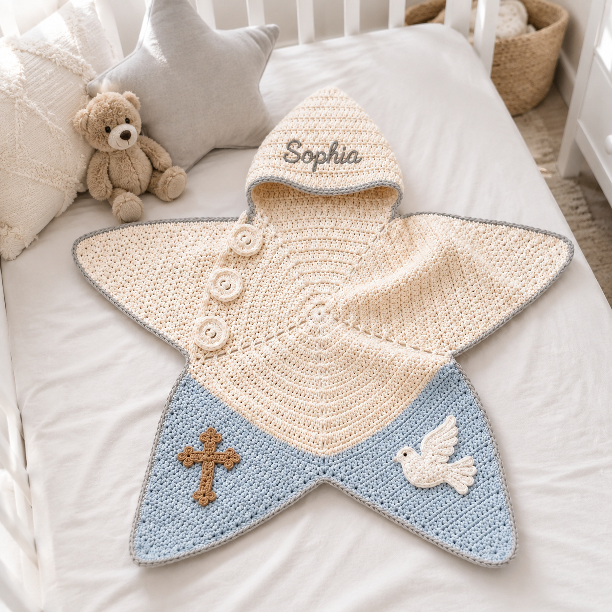 Personalized Christian Crochet Star Baby Cocoon, Cross & Dove Hooded Newborn Swaddle, Baptism Baby Gift